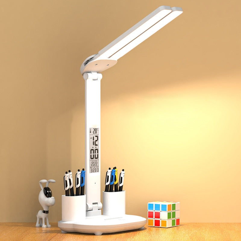 Luminária LED Ajustável para Mesa com Suporte de Lápis e Canetas
